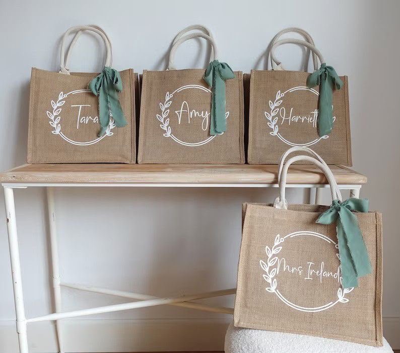 Custom named jute bags with bow